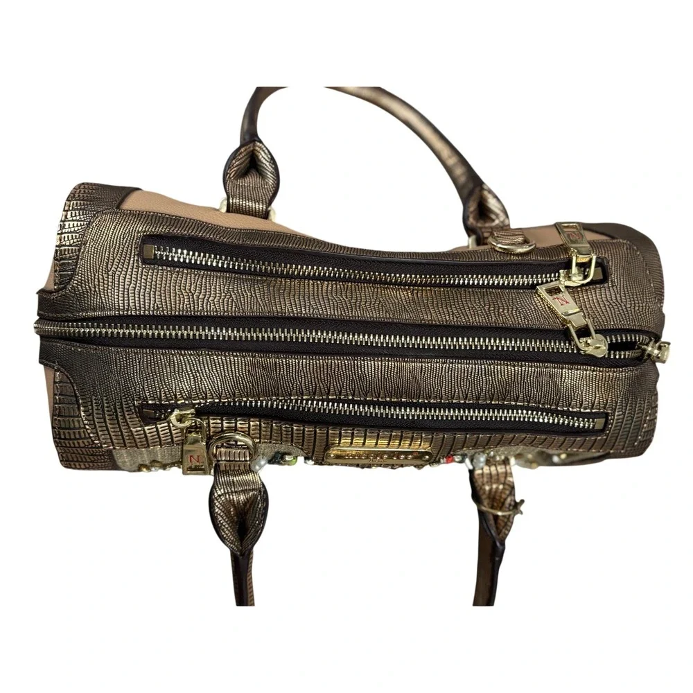 Nicole Lee Beaded Crystal Satchel Bag Metallic Bronze Tan Geometric Boho Handbag